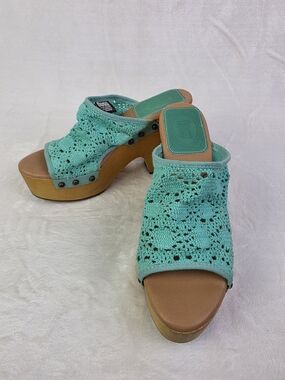 Dingo Crafty Woven Sandal Heels Womens 9M Green Platform Clog Slip-On Crochet